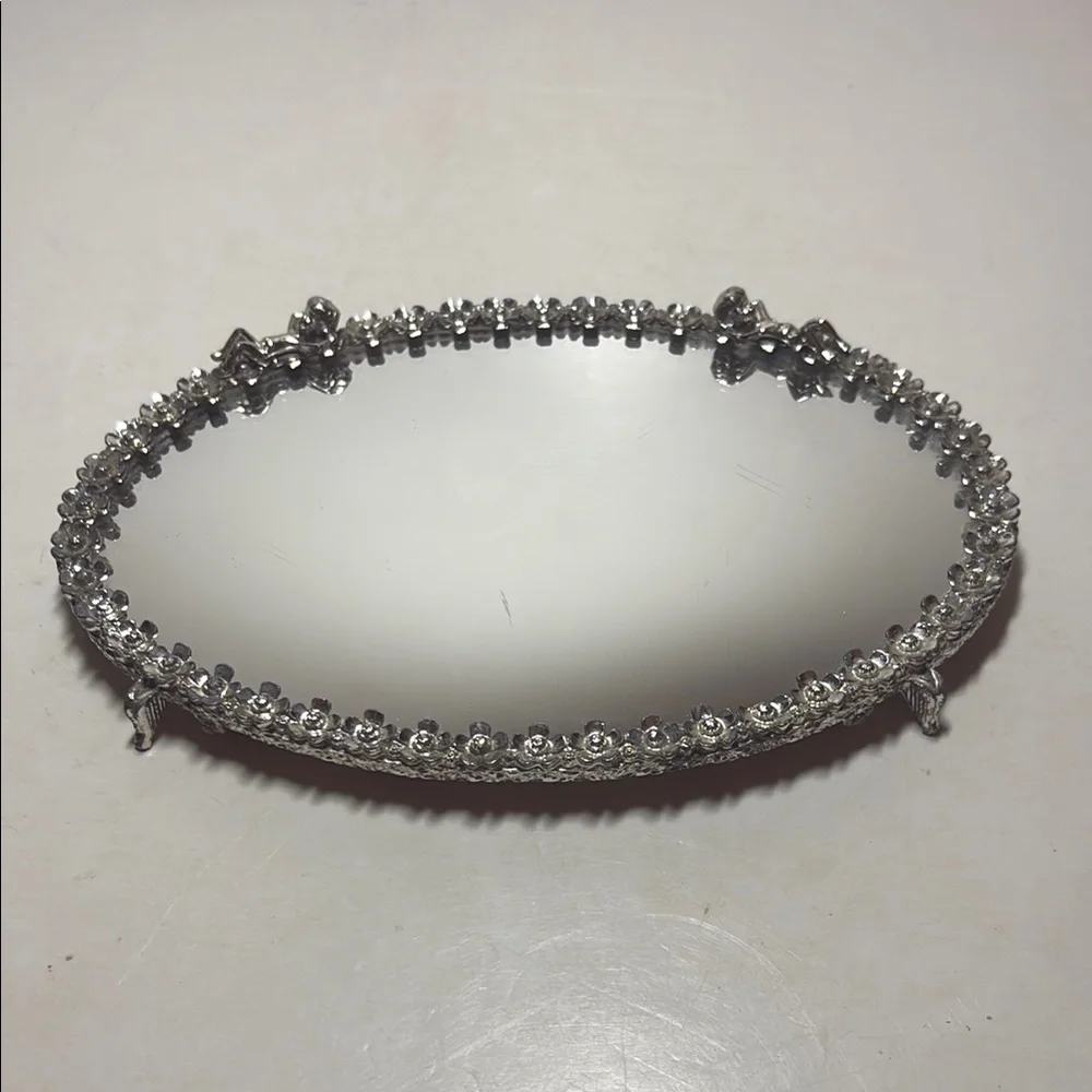 Elegant Silver Vanity Oval Mirror Tray with Cherobs